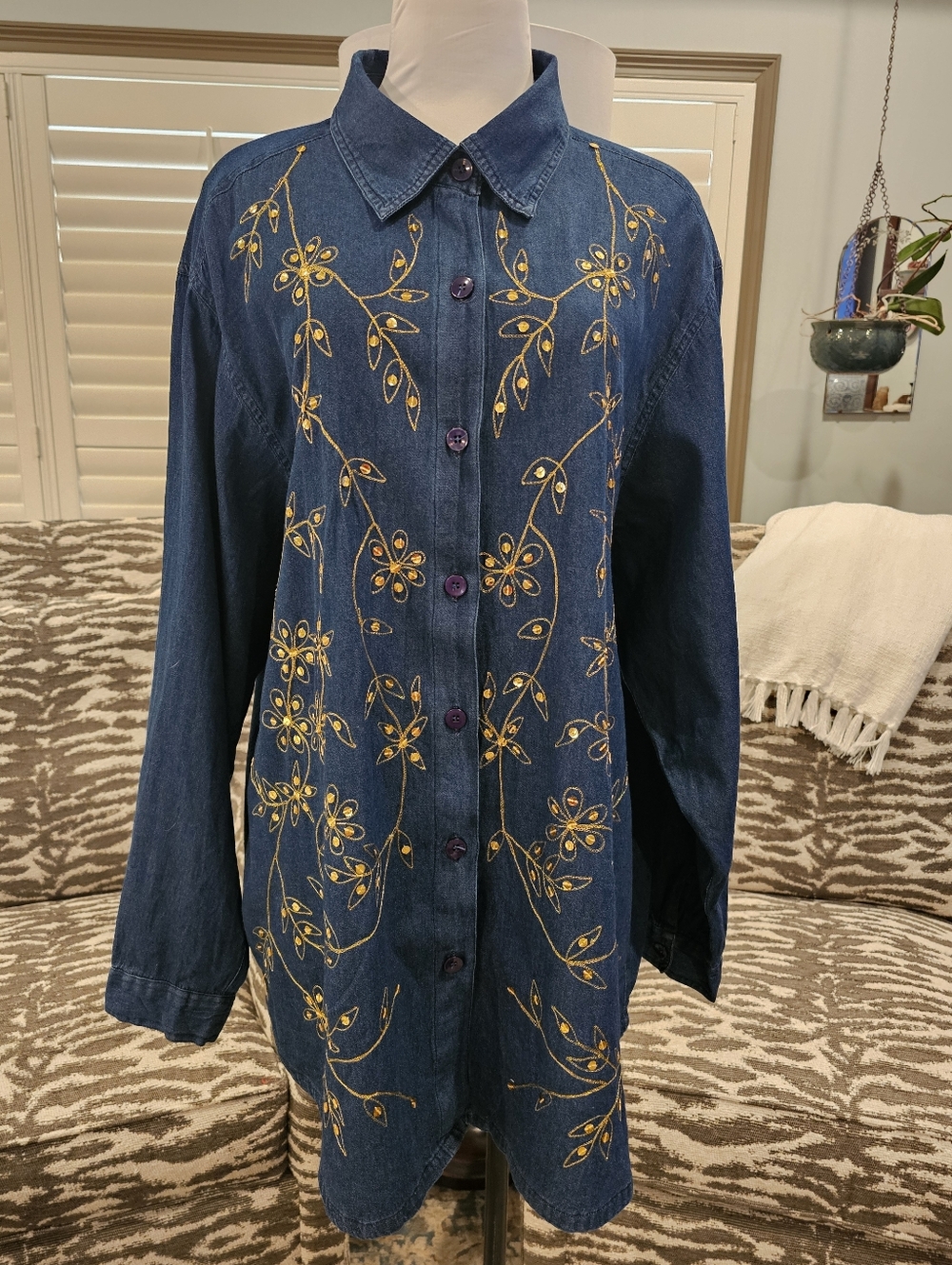 Denim Gold Embroidered L/S Button-down Shirt 3X